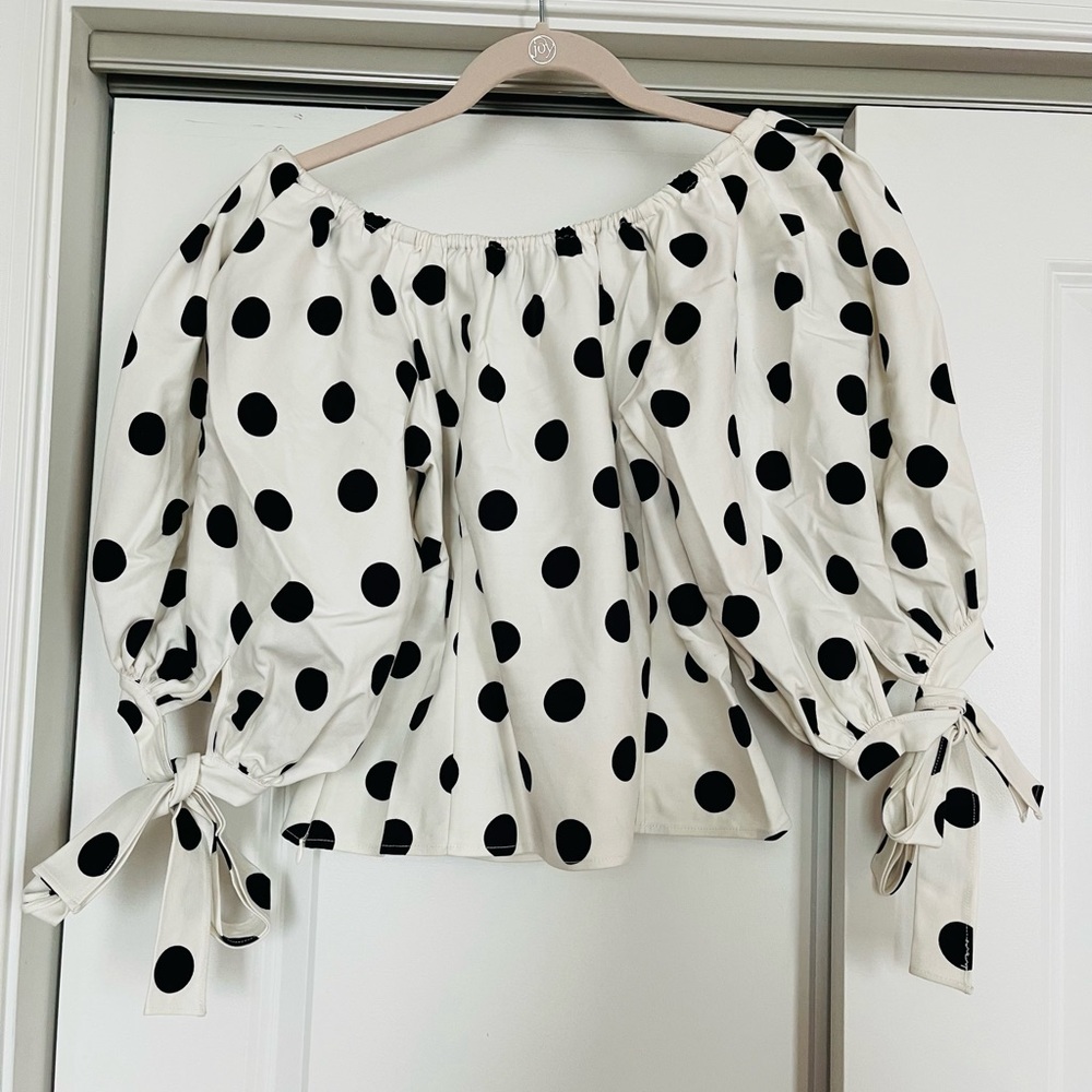 CeCe Black and White Polka Dot Off-Shoulder Top